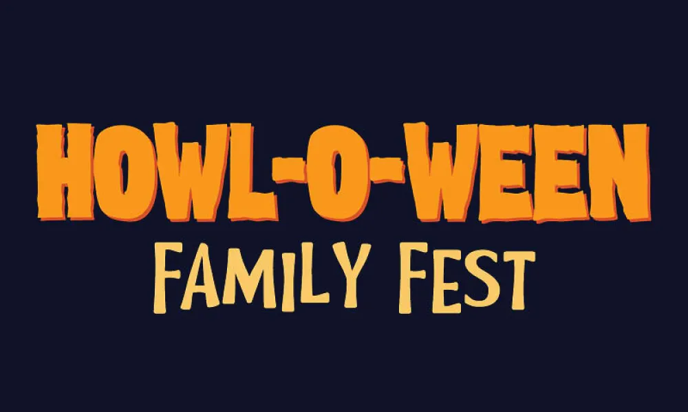 Graphic with “HOWL-O-WEEN” in large, bold orange capital letters above “FAMILY FEST” in smaller, light yellow capital letters, on a solid dark navy background.