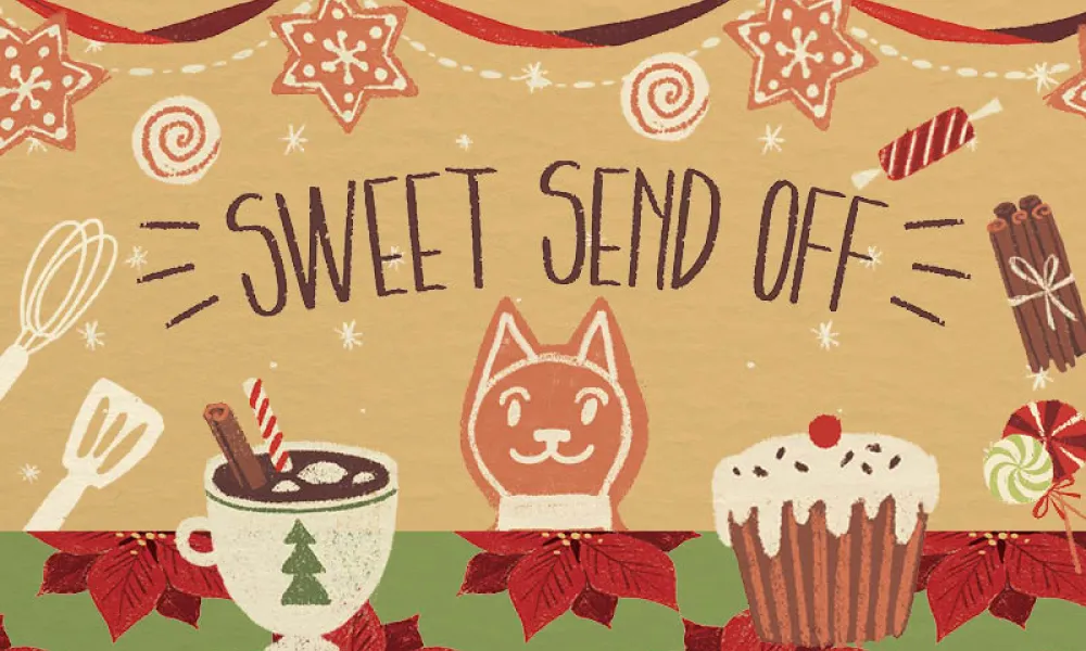 Illustrated holiday graphic with “SWEET SEND OFF” in thin, hand-drawn dark brown capital letters on a warm tan background. Star-shaped cookies, a swirl candy, a striped candy, and cinnamon sticks surround the title. At the bottom are a cat-shaped gingerbread cookie, a mug of hot cocoa with a pine tree on it, a frosted cupcake with a cherry, and red poinsettia flowers on a green band.