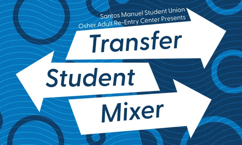 Graphic for the Transfer Student Mixer, presented by Santos Manuel Student Union and Osher Adult Re-Entry Center. The words “Transfer,” “Student,” and “Mixer” are in dark blue italic letters, each inside a white arrow. The arrows point right, left, and right in a zigzag. The background is blue with wavy lines and circles.