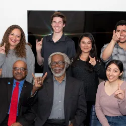 Sylvester James “Jim” Gates posing with CSUSB students and staff