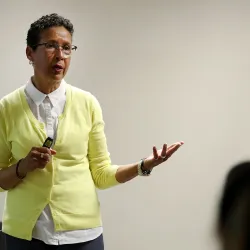 Mary Texeira, CSUSB sociology professor, brought attention to intersectionality and the overwhelming issues of sexual harassment at the Yotie Talks 
