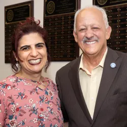 From left, Manijeh Badiee, recipient of the 2023-24 Golden Apple Award, and CSUSB President Tomás D. Morales