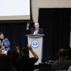 CSUSB President Tomás D. Morales and California Indian Nations College President & CEO Celeste R. Townsend address event attendees at the Native American/Indigenous Education Summit 2024 at Cal State San Bernardino on March 23, 2024.