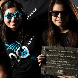 Two CSUSB alumni, Amanda Fernandez ’16 and Aimee Alvarez ’11, who met in 2015, have partnered with the Department of Communication and Media on a new initiative, "Coyotes to Hollywood and Beyond." Fernandez and Alvarez worked together at Coyote Radio (from left: Lacey Kendall, Alvarez and Fernandez), which won an Inland Empire Media Award in 2015.  