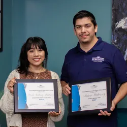 From left, Paola Godinez Martinez and Arturo Gutierrez, recipients of the Outstanding Professional Academic Advisor Award  