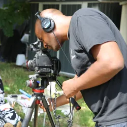 CSUSB alumnus Jay Gerren (behind the camera), shoots a scene for one of his films.