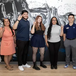 From left: Blanca Gomez, ASI Howl Squad member; Oscar Flores Gonzalez, ASI Howl Squad member; Ashley Smith, ASI director of External Affairs; CSU Student Trustee Jazmin Guajardo; CSUSB ASI President Carson Fajardo. 