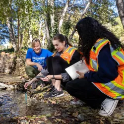 Jennifer Alford (left), chair of CSUSB’s Department of Geography and Environmental Studies and the director of the Institute for Watershed Resiliency, out in the field with students including Emilie Martin (center) at Lytle Creek.