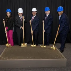 From left: Sonia Otte, founding director of the developing Master of Science in Physician Assistant program; Tomás D. Morales, CSUSB president; U.S. Rep. Pete Aguilar, D-San Bernardino; state Sen. Richard Roth, D-Riverside; Rafik Mohamed, CSUSB provost and vice president of Academic Affairs, at the ceremonial groundbreaking event on April 26 for the MSPA program’s building.