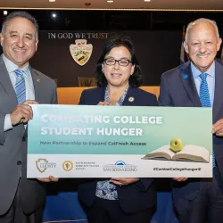 From left, Joe Baca Jr., supervisor, San Bernardino County Board of Supervisors 5th District; Diana Z. Rodriguez, chancellor, San Bernardino Community College District; and Tomás D. Morales, president, CSUSB. 