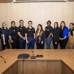 CSU trustees Darlene Yee-Melichar (center), Leslie Gilbert-Lurie (fifth from right) and Yammilette Rodriguez (fourth from right) meet with CSUSB Associated Students Inc. officers.