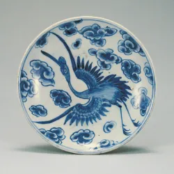 A blue and white porcelain plate from the 19th century – this is one of several items from RAFFMA’s Korean exhibit.