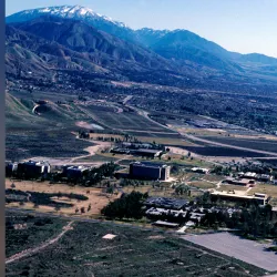 Aerial view of California State College, San Bernardino in 1983