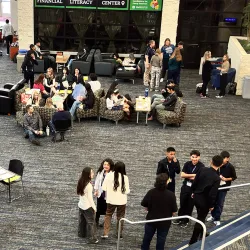 People gathered in the atrium of Santos Manuel Student Union-South for the 35th Annual History Day.