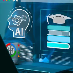 Graphic illustrating AI and related items on a projected computer monitor