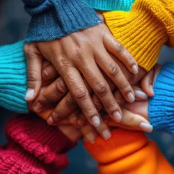 Photo of overlapping hands illustrating diversity.