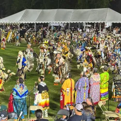 Native American dancers fill the arena during the Grand Entry on Sept. 20 at the San Manuel Pow Wow at Cal State San Bernardino.