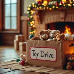 Photo of toys in a box in a holiday setting.