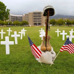 A Memorial Day display in front of the John M. Pfau Library.