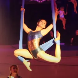 An acrobat from the 81st Annual Great Y Circus, which will perform its 83rd edition the next three weekends, May 2-4, 9-11 and 16-18, in Redlands.