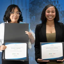 From left, Monica Ybanez, the Outstanding Graduate Student, and Justus Baker-Postell, the Outstanding Undergraduate Student, for Jack H. Brown College of Business and Public Administration. 
