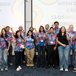 Faculty, CSUSB students and WITH Cyber campers show off their Coyote spirit.