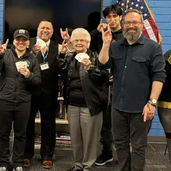 Beth Alexander (fourth from the right) visits the CSUSB Veterans Success Center. The longtime supporter of the center passed away on May 21.