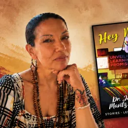 AI-generated graphic of Jacqueline Mantz Rodriguez and an image of the cover of her book, “Hey Miss: Unveiling Learning’s Promise.”  