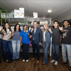 CSUSB students and staff joined U.S. Rep. Pete Aguilar (in center) during his visit to the Obershaw DEN on Oct. 7