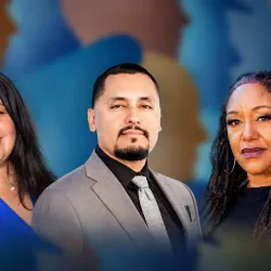 Guests in two upcoming Conversations on Race and Policing, from left: Mia Arredondo, Edwin Cruz and Cat Brooks, overlaid on a multi-colored background.