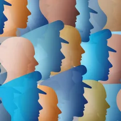 Graphic illustration of blue police silhouettes and civilians of color silhouettes