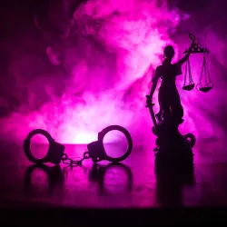 Photo illustration: hand cuffs and statue of Lady Justice against a backdrop of purple fog.