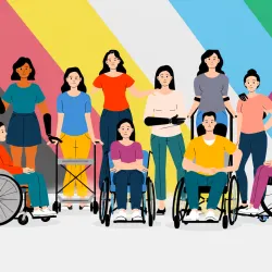 Illustration of people of various disabilities, genders and ethnicities against a rainbow background.
