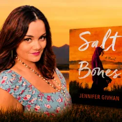 Photo illustration of author Jennifer Givhan and the cover of her book, “Salt and Bones.”