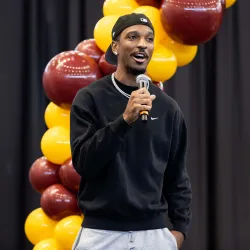 Jayden Daniels, star quarterback for the Washington Commanders, at the second annual Jayden Daniels Foundation’s Community Day, which took place at Cal State San Bernardino’s Coussoulis Arena on July 18.