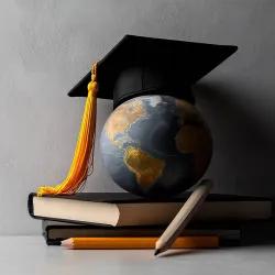 Photo of a mortarboard on top of a small globe that sits on a couple books.