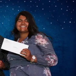 From left, Amanda Robles, assistant director of the Educational Opportunity Program (EOP) at CSUSB; Kevon Lee, alumni scholar speaker; and Mellisa Casas, Renaissance Scholars Program alumna at a 2019 EOP event. 