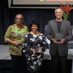 From left, Dee Bowen (Pioneer Staff Award), Patricia L. Nickols-Butler (Community Icon Award), Dale West (Pioneer Administrator Award), Cassandra Butcher (Emerging Leader Award), and Maria Najera-Neri (Lorraine Frost Award) were honorees at the 11th annual Pioneer Breakfast held on Feb. 23 at the Santos Manuel Student Union North.