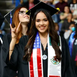 Excited graduates at the College of Social and Behavioral Sciences Commencement at the Toyota Arena in Ontario in May 2023. U.S. News & World Report has again recognized CSUSB’s graduate criminal justice and MBA online programs as among the best in the nation.
