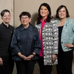 From left to right, Beth A Steffel, CSUSB associate professor of design and chair of the Academic Senate of the California State University; interim CSU Chancellor Jolene Koester; Chair of the CSU Board of Trustees Wenda Fong; and Sylvia A. Alva, CSU executive vice chair for Academic and Student affairs.