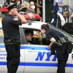 New York City police officers. Current approaches to policing will be discussed at the Feb. 3 program, which will take place on Zoom. Photo: Alex Proimos/Wikimedia Commons