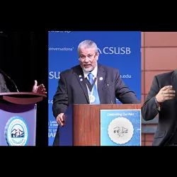 From left: Robert Nava, CSUSB vice president of Advancement; Enrique Murillo Jr., director of LEAD; and Adonis Galarza-Toledo, ASI president, will discuss Latinos in education and in the workforce in a post-pandemic world with host Jackeline Cacho.