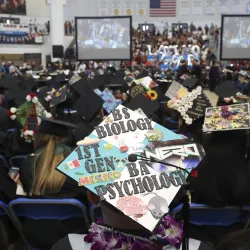 A student’s mortarboard at a LatinX Graduation Recognition Ceremony at Coussoulis Arena.