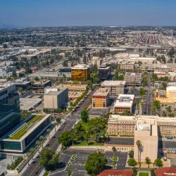An aerial view of downtown San Bernardino, looking west.