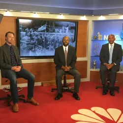 From left, Zachary Powell, Marc Robinson and Rafik Mohamed  on the set at NBC Palm Springs. Photo by NBC Palm Springs