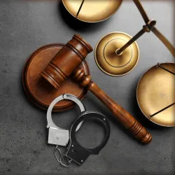 Illustration of criminal justice: gavel, handcuffs, scale