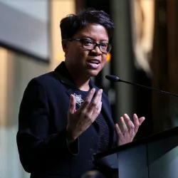 Alumna Paulette Brown-Hinds speaks at the 7th Annual Pioneer Breakfast: “An Everlasting Legacy Defines the Future,” in 2019. This year’s breakfast is set for Feb. 24 at the university’s Santos Manuel Student Union North.