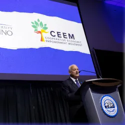 CSUSB President Tomás D. Morales speaking at the podium