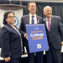 Diana Rodriguez, chancellor of the San Bernardino Community College District, Josh Fryday, chief service officer for the #CaliforniansForAll College Corps, and CSUSB President Tomás D. Morales.