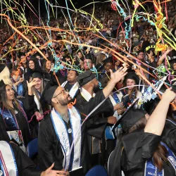 Streamers cover graduates at one of the ceremonies for CSUSB College of Social and Behavioral Sciences. The university honored its Class of 2023 over six ceremonies May 19-20 at the Toyota Arena in Ontario.